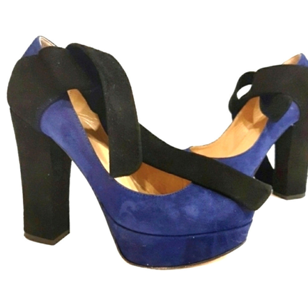 Twin-Set Black Blue suede platform ankle tie Platform 7
